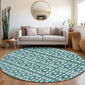 HomeRoots 8' Teal And Ivory Geometric Round Rug - Washable, Stain Resistant, UV Protected for Busy Homes 676299