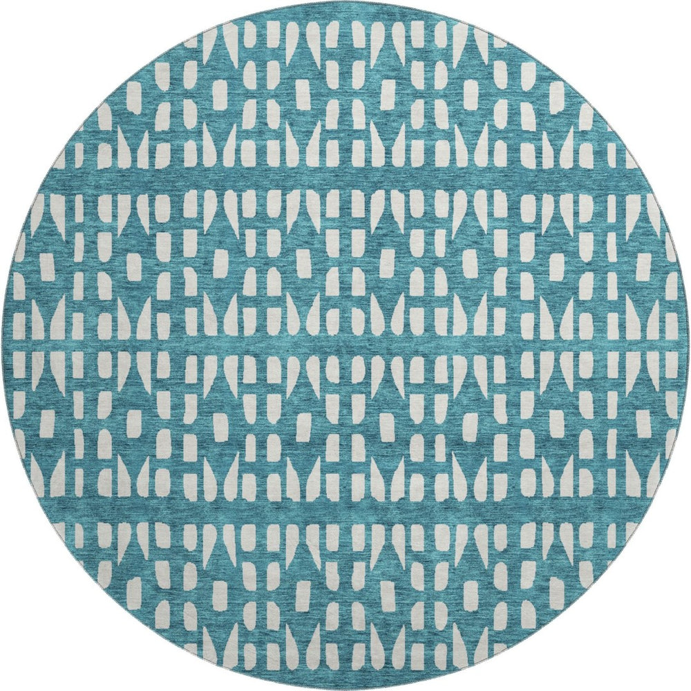 HomeRoots 8' Teal And Ivory Geometric Round Rug - Washable, Stain Resistant, UV Protected for Busy Homes 676299