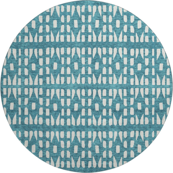 HomeRoots 8' Teal And Ivory Geometric Round Rug - Washable, Stain Resistant, UV Protected for Busy Homes 676299