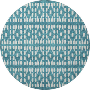 HomeRoots 8' Teal And Ivory Geometric Round Rug - Washable, Stain Resistant, UV Protected for Busy Homes 676299