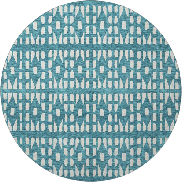 HomeRoots 8' Teal And Ivory Geometric Round Rug - Washable, Stain Resistant, UV Protected for Busy Homes 676299