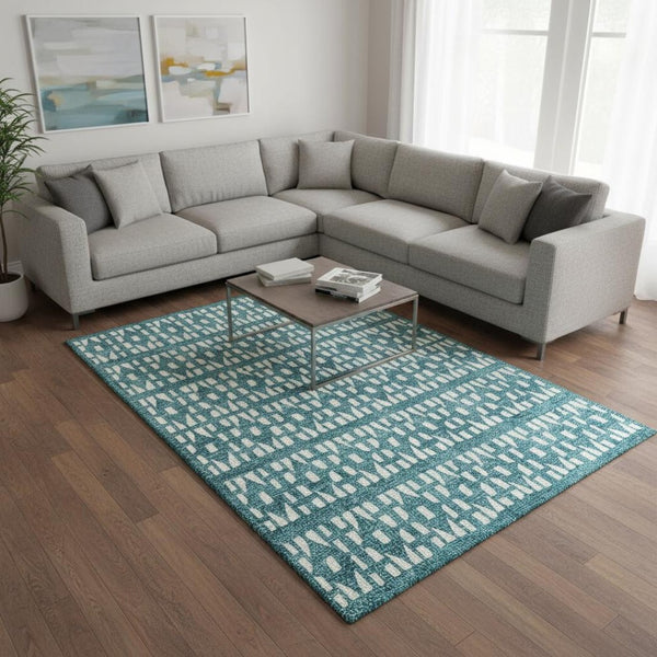 HomeRoots 8' X 10' Stylish Teal & Ivory Geometric Area Rug – Durable, Washable, UV Protected for Everyday Use 676300