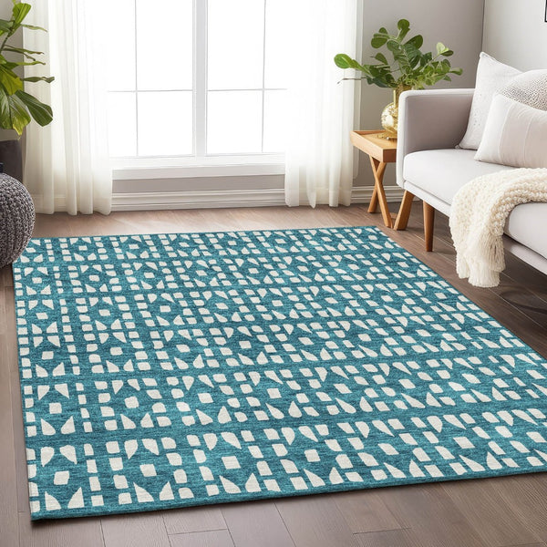 HomeRoots 8' X 10' Stylish Teal & Ivory Geometric Area Rug – Durable, Washable, UV Protected for Everyday Use 676300