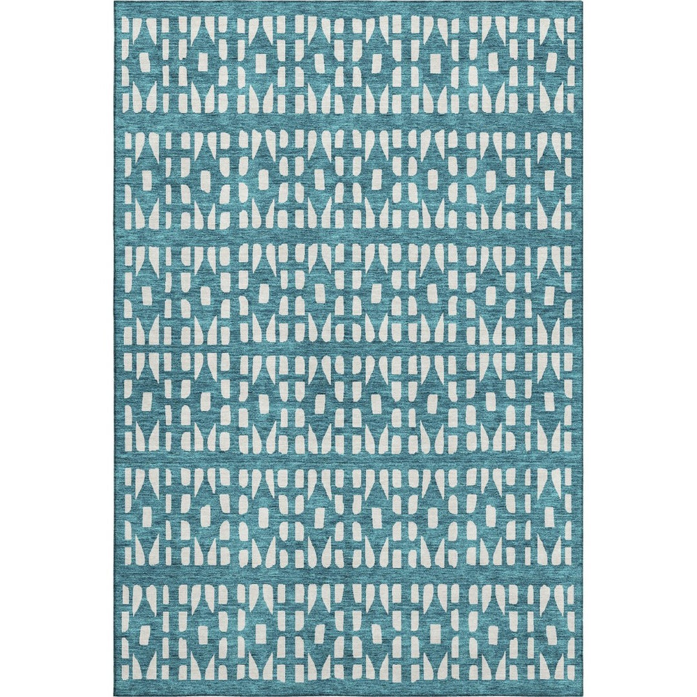 HomeRoots 8' X 10' Stylish Teal & Ivory Geometric Area Rug – Durable, Washable, UV Protected for Everyday Use 676300