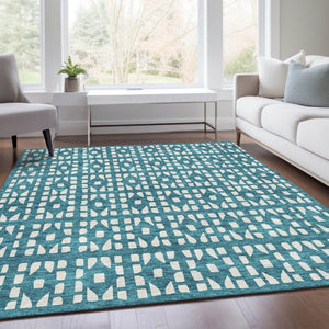HomeRoots 8' X 10' Stylish Teal & Ivory Geometric Area Rug – Durable, Washable, UV Protected for Everyday Use 676300