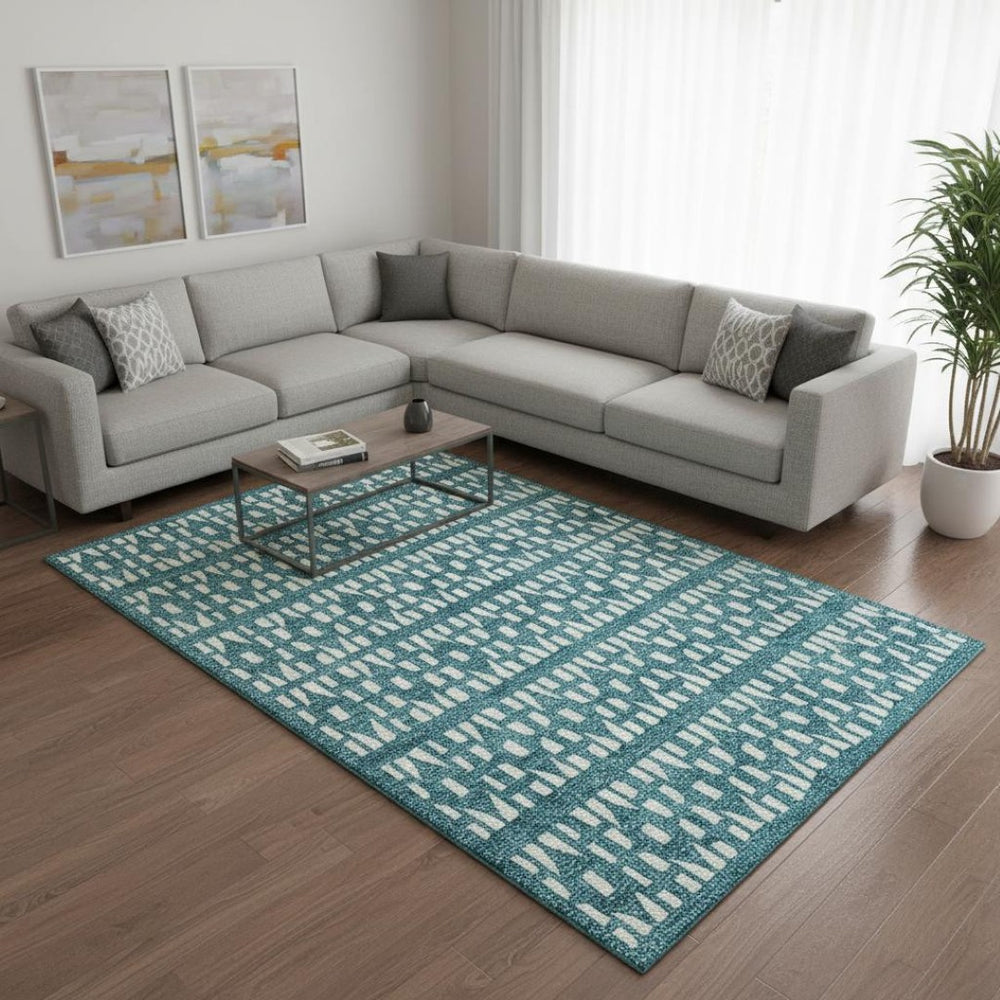 HomeRoots 9' X 12' Teal & Ivory Geometric Area Rug - Washable, UV Protected, Stylish for Homes with Kids & Pets! 676301