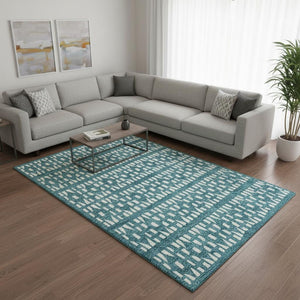 HomeRoots 9' X 12' Teal & Ivory Geometric Area Rug - Washable, UV Protected, Stylish for Homes with Kids & Pets! 676301