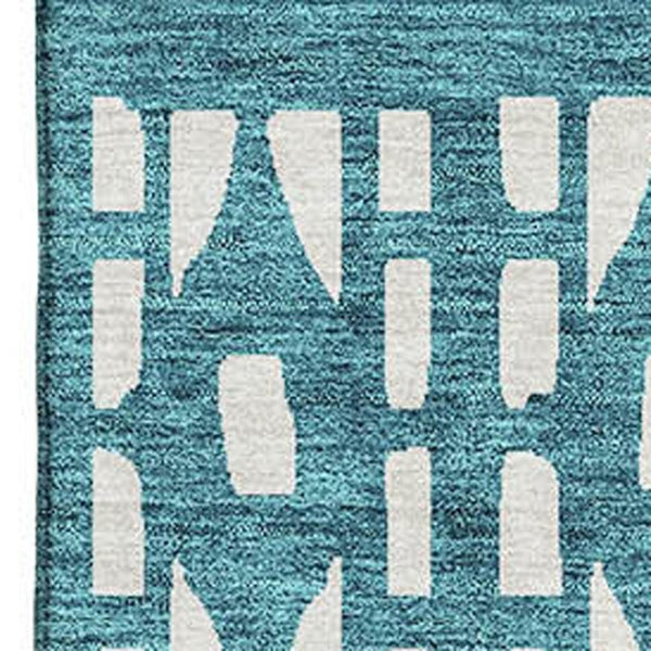 HomeRoots 10' X 14' Teal and Ivory Geometric Area Rug - Washable, UV Protected, Durable for High-Traffic Spaces 676302