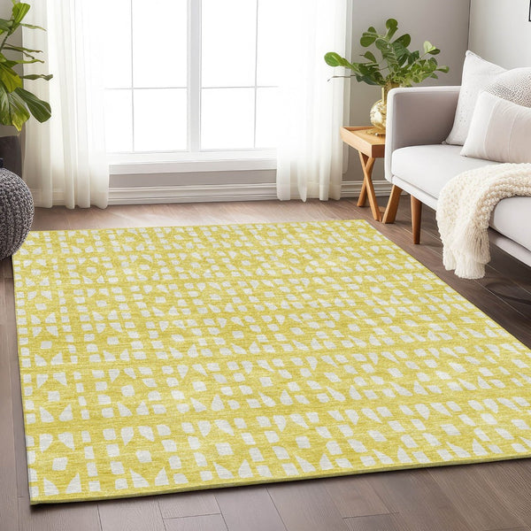 HomeRoots 8' X 10' Stylish Yellow and Ivory Geometric Area Rug – Washable, UV Protected, Non-Slip Comfort! 676306