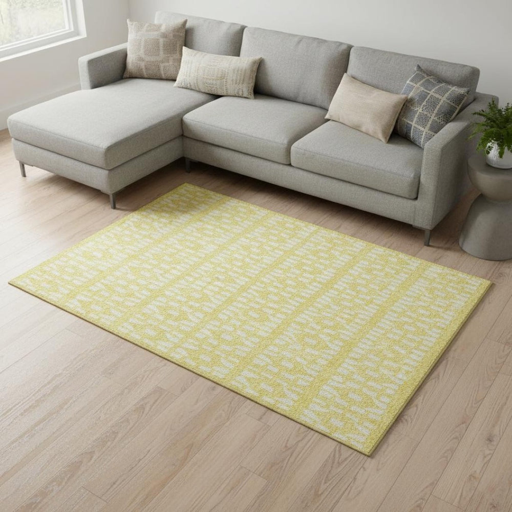 HomeRoots 9' X 12' Yellow & Ivory Geometric Washable Area Rug – Stylish, Durable, UV-Protected for Homes 676307
