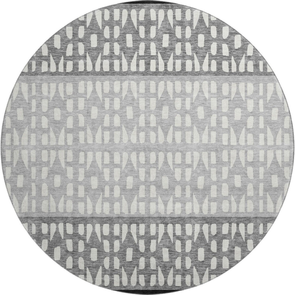 HomeRoots 8' Geometric Round Rug in Black, Gray, and Ivory – Washable, UV Protected, Perfect for High-Traffic Areas 676311