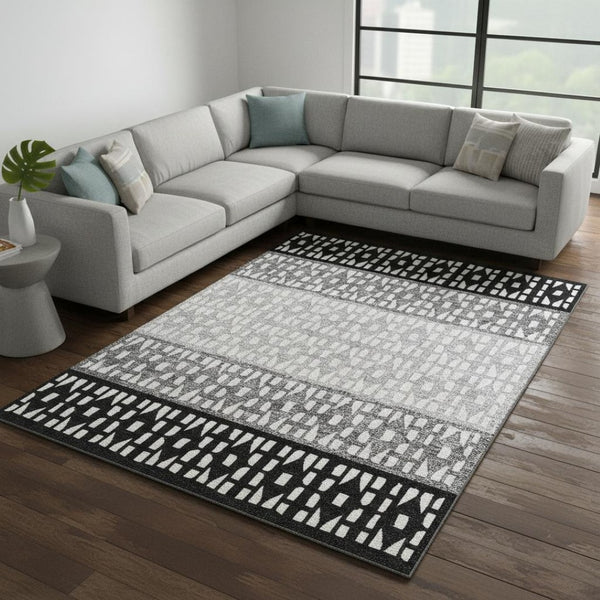HomeRoots 8' X 10' Washable Black Gray Ivory Geometric Area Rug - Durable, Stain-Resistant, UV Protected Design 676312