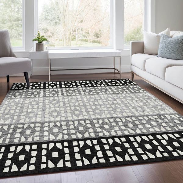 HomeRoots 8' X 10' Washable Black Gray Ivory Geometric Area Rug - Durable, Stain-Resistant, UV Protected Design 676312
