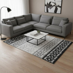HomeRoots 10' X 14' Washable Geometric Area Rug in Black, Gray & Ivory with UV Protection – Ideal for Busy Homes! 676314