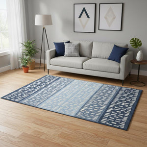 HomeRoots 5' X 8' Blue and Ivory Geometric Area Rug - Washable, UV Protected, Stain Resistant for High Traffic Areas 676316