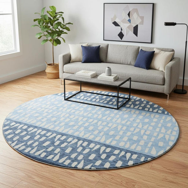 HomeRoots 8' Blue and Ivory Geometric Round Rug - Washable, UV-Protected, Stylish, and Durable for Everyday Use 676317