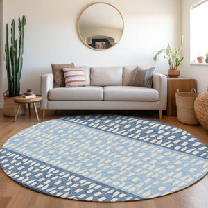 HomeRoots 8' Blue and Ivory Geometric Round Rug - Washable, UV-Protected, Stylish, and Durable for Everyday Use 676317