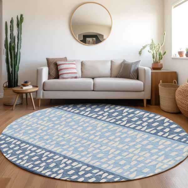 HomeRoots 8' Blue and Ivory Geometric Round Rug - Washable, UV-Protected, Stylish, and Durable for Everyday Use 676317