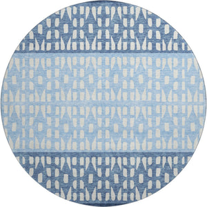 HomeRoots 8' Blue and Ivory Geometric Round Rug - Washable, UV-Protected, Stylish, and Durable for Everyday Use 676317