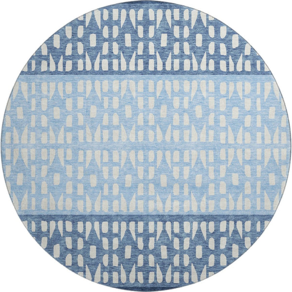 HomeRoots 8' Blue and Ivory Geometric Round Rug - Washable, UV-Protected, Stylish, and Durable for Everyday Use 676317