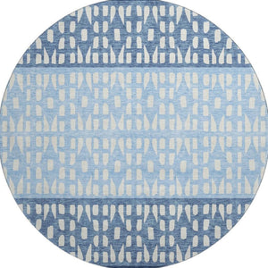 HomeRoots 8' Blue and Ivory Geometric Round Rug - Washable, UV-Protected, Stylish, and Durable for Everyday Use 676317