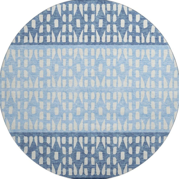 HomeRoots 8' Blue and Ivory Geometric Round Rug - Washable, UV-Protected, Stylish, and Durable for Everyday Use 676317