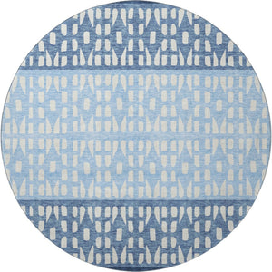 HomeRoots 8' Blue and Ivory Geometric Round Rug - Washable, UV-Protected, Stylish, and Durable for Everyday Use 676317