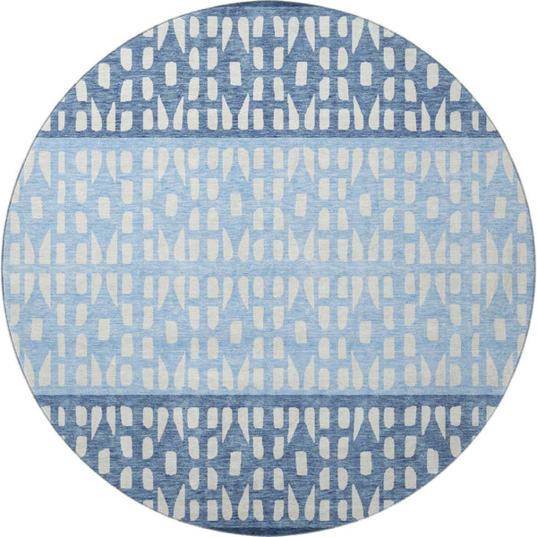 HomeRoots 8' Blue and Ivory Geometric Round Rug - Washable, UV-Protected, Stylish, and Durable for Everyday Use 676317