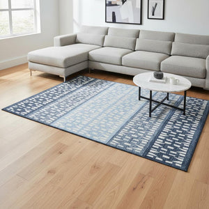 HomeRoots 8' X 10' Blue and Ivory Geometric Area Rug – Washable, UV-Protected, Stylish & Durable Design for Homes 676318