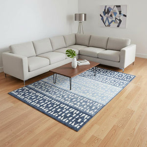 HomeRoots 9' X 12' Blue and Ivory Geometric Washable Area Rug - Durable, UV-Resistant, Ideal for High Traffic Areas 676319