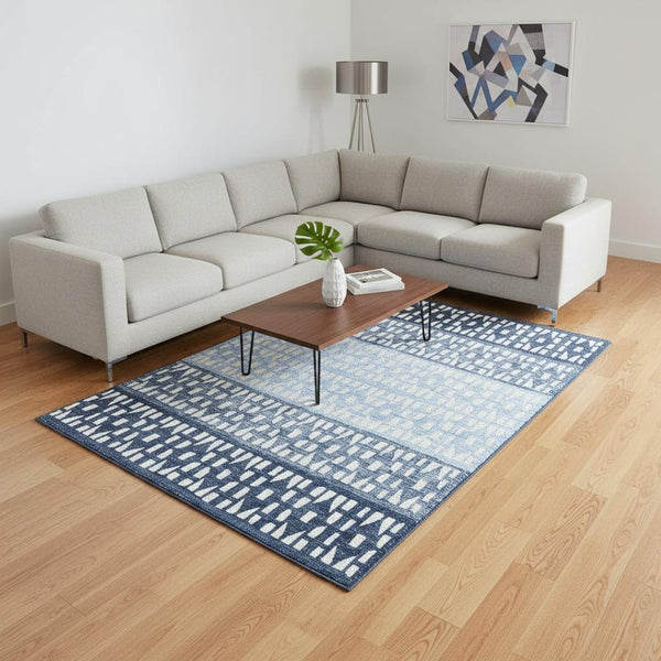 HomeRoots 9' X 12' Blue and Ivory Geometric Washable Area Rug - Durable, UV-Resistant, Ideal for High Traffic Areas 676319