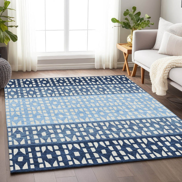 HomeRoots 9' X 12' Blue and Ivory Geometric Washable Area Rug - Durable, UV-Resistant, Ideal for High Traffic Areas 676319