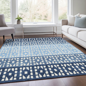 HomeRoots 9' X 12' Blue and Ivory Geometric Washable Area Rug - Durable, UV-Resistant, Ideal for High Traffic Areas 676319