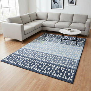 HomeRoots 10' X 14' Blue and Ivory Geometric Area Rug - Stylish, Washable, UV-Protected, Perfect for Families! 676320