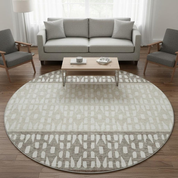 HomeRoots 8' Chocolate and Beige Geometric Round Area Rug - Washable, UV Resistant, Stylish for Any Space 676323