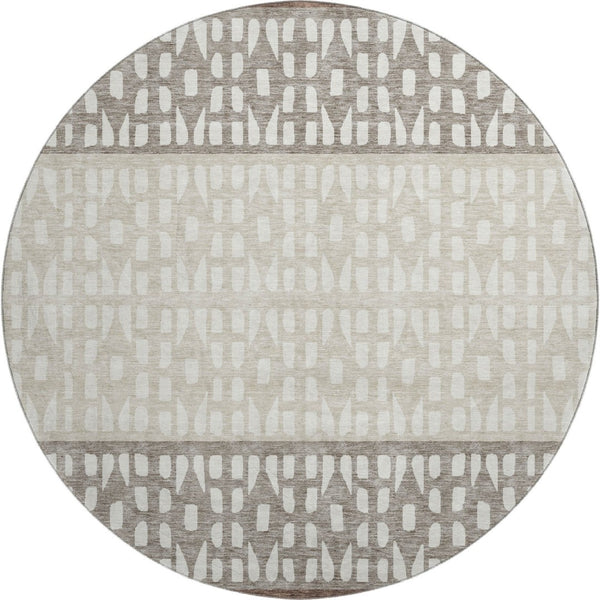 HomeRoots 8' Chocolate and Beige Geometric Round Area Rug - Washable, UV Resistant, Stylish for Any Space 676323