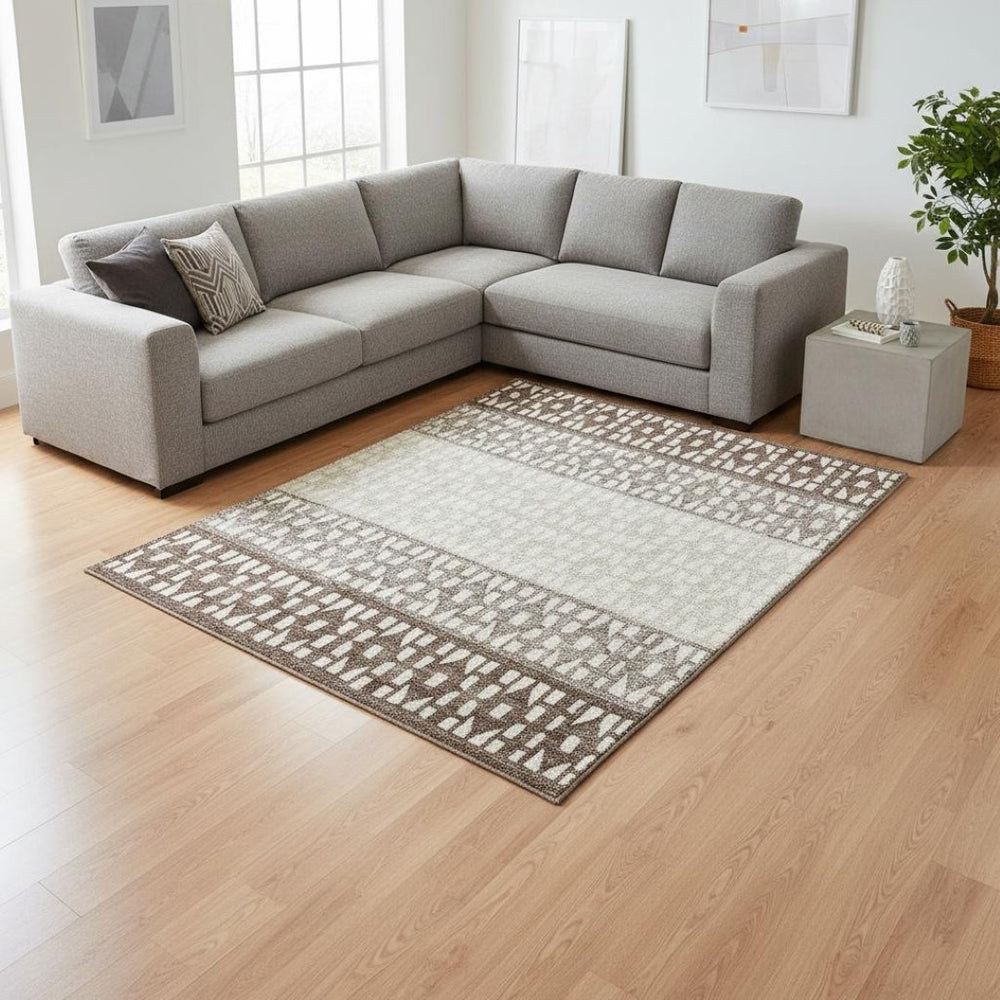 HomeRoots 8' X 10' Chocolate Beige Geometric Washable Area Rug - UV Protection, Stain Resistant, Durable Design 676324