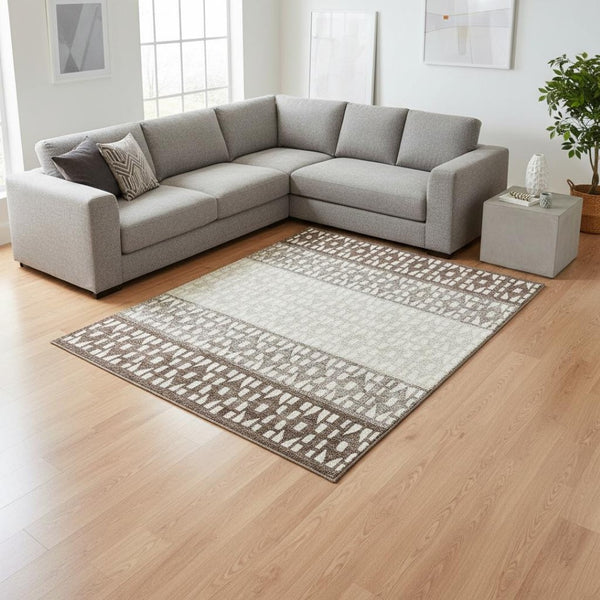 HomeRoots 8' X 10' Chocolate Beige Geometric Washable Area Rug - UV Protection, Stain Resistant, Durable Design 676324