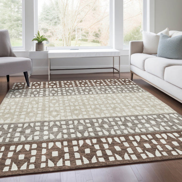 HomeRoots 8' X 10' Chocolate Beige Geometric Washable Area Rug - UV Protection, Stain Resistant, Durable Design 676324