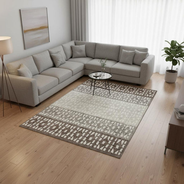HomeRoots 9' Chocolate and Beige Geometric Area Rug – Washable, UV Protected, Stylish & Durable for Any Space 676325