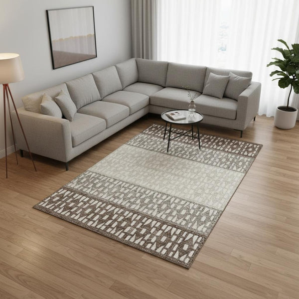 HomeRoots 10' Chocolate and Beige Geometric Area Rug - Washable, Stain-Resistant, UV Protected for Families 676326