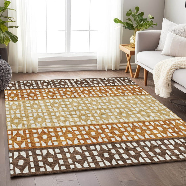 HomeRoots 5' X 8' Coffee Copper & Ivory Geometric Washable Area Rug - Stylish, Durable & UV Protected Design! 676328