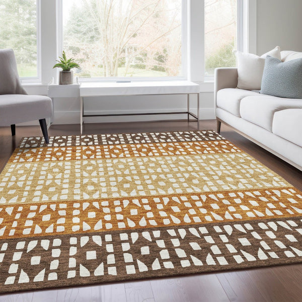 HomeRoots 5' X 8' Coffee Copper & Ivory Geometric Washable Area Rug - Stylish, Durable & UV Protected Design! 676328
