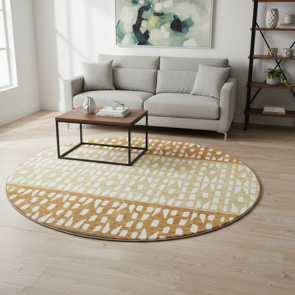 HomeRoots 8' Coffee Copper and Ivory Geometric Round Rug – Durable, Washable, UV-Protected for High-Traffic Areas 676329