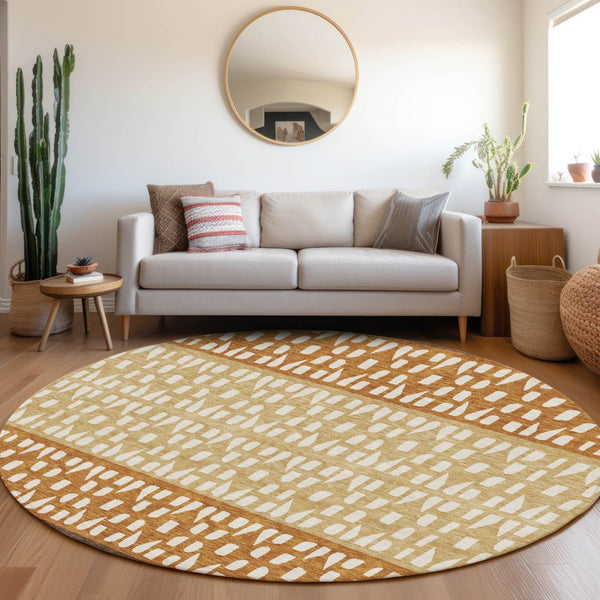 HomeRoots 8' Coffee Copper and Ivory Geometric Round Rug – Durable, Washable, UV-Protected for High-Traffic Areas 676329