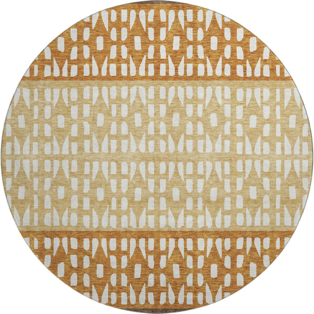 HomeRoots 8' Coffee Copper and Ivory Geometric Round Rug – Durable, Washable, UV-Protected for High-Traffic Areas 676329