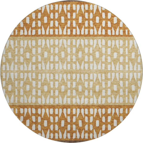 HomeRoots 8' Coffee Copper and Ivory Geometric Round Rug – Durable, Washable, UV-Protected for High-Traffic Areas 676329