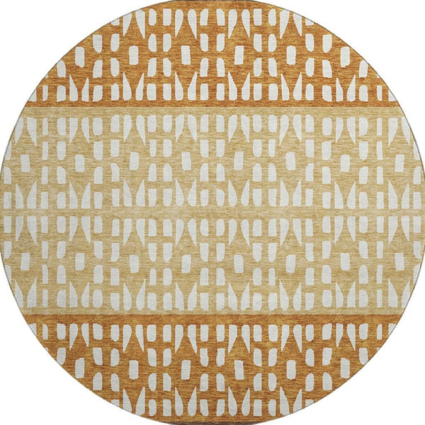 HomeRoots 8' Coffee Copper and Ivory Geometric Round Rug – Durable, Washable, UV-Protected for High-Traffic Areas 676329