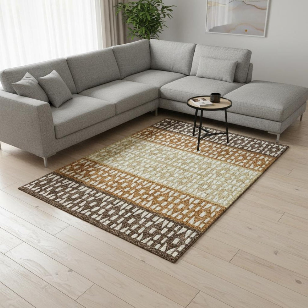 HomeRoots 10' X 14' Coffee Copper Ivory Geometric Rug - Washable, UV-Protected, Stylish & Durable for Homes 676332