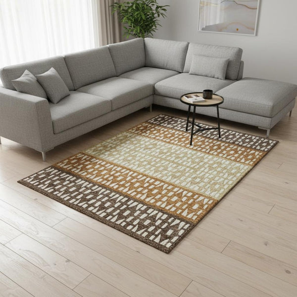 HomeRoots 10' X 14' Coffee Copper Ivory Geometric Rug - Washable, UV-Protected, Stylish & Durable for Homes 676332